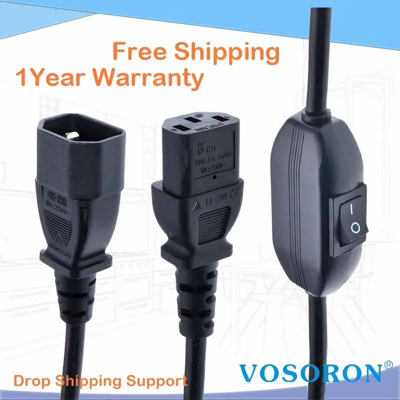 3 Foot Iron Box C14 Plug to C13 Connector Power Cord 10A/250V Black 18/3 SJT IBX-4902-03 