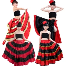 Испанские танцевальные костюмы для девочек, детская красная юбка для Фламенго, одежда для карнавала, фестиваля, сцены, атласное гладкое платье