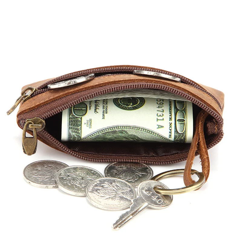 

2020 Genuine leather Zipper Money Bags Vintage Mini Purse Coin Purse Men Small Bag Small Wallet Key Pocket Card Case