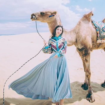 

Blue Spring Autumn Women Suits Elegant Artistic Suits Vintage Chinese Style Sweat Clothes Shirt& Skirt