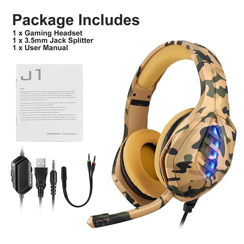 Pohiks 1pc Camouflage Professional LED Light 3 5mm Wired Gaming Headset Adjustable Deep Bass Headphone For PS4 Xbox One PC