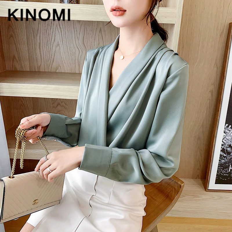 

KINOMI 2019 New Autumn Long Sleeve Elegant Loose Blouse Female Front Cross V-Neck OL Style Women Fashion Blouses Shirts