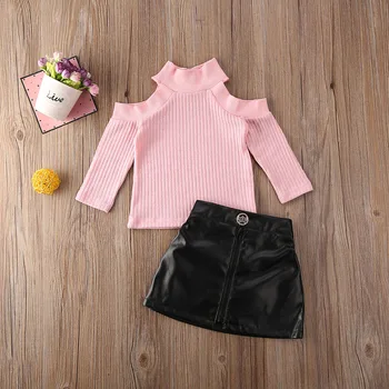 

Spring 1-5Years Newborn Baby Girls Kids Clothes Off Shoulder Pullover Sweater Tops PU Skirt Set