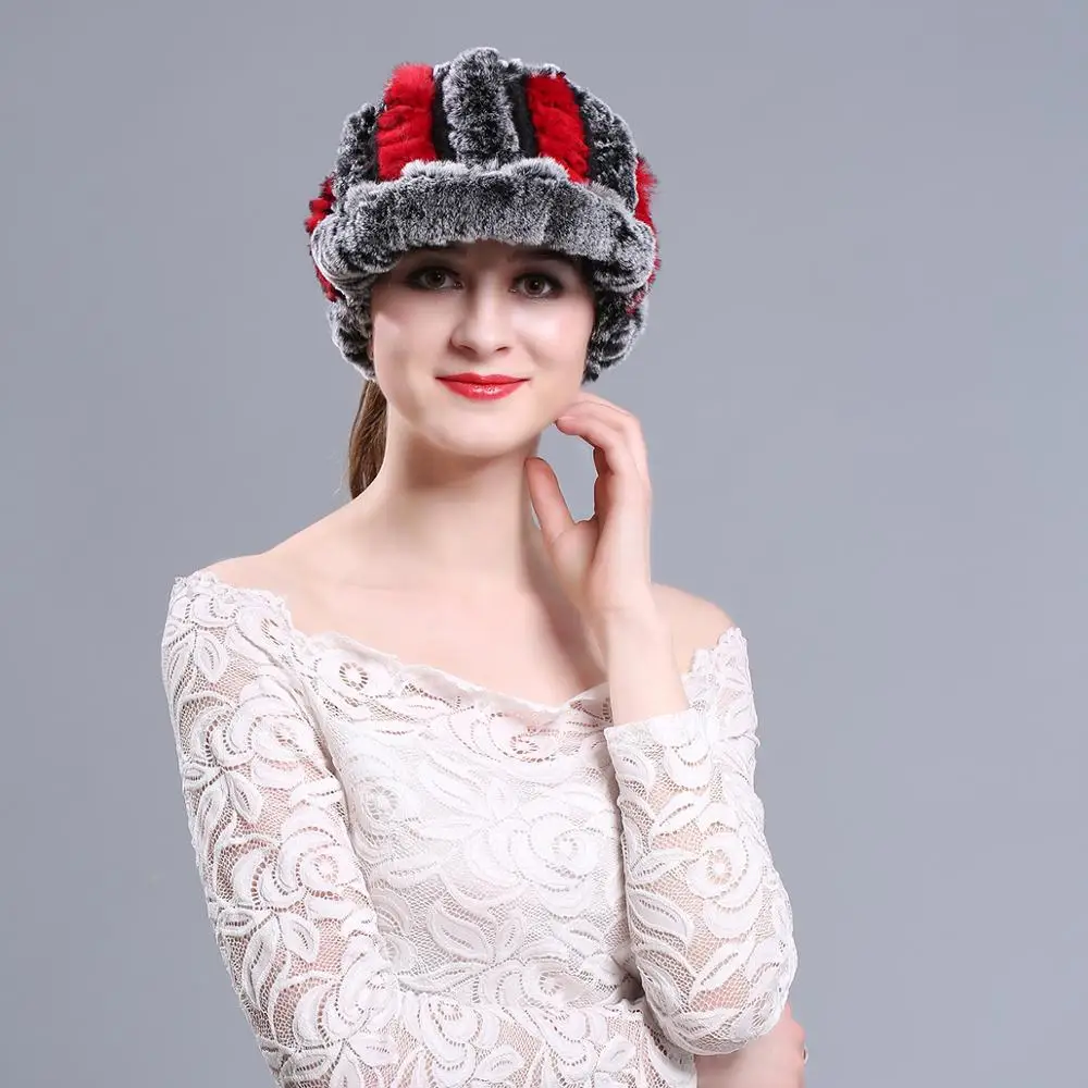 Winter Fashion Knit Real Fur Hats Women Warm Skullies Beanie ski snow - Цвет: Gray Red
