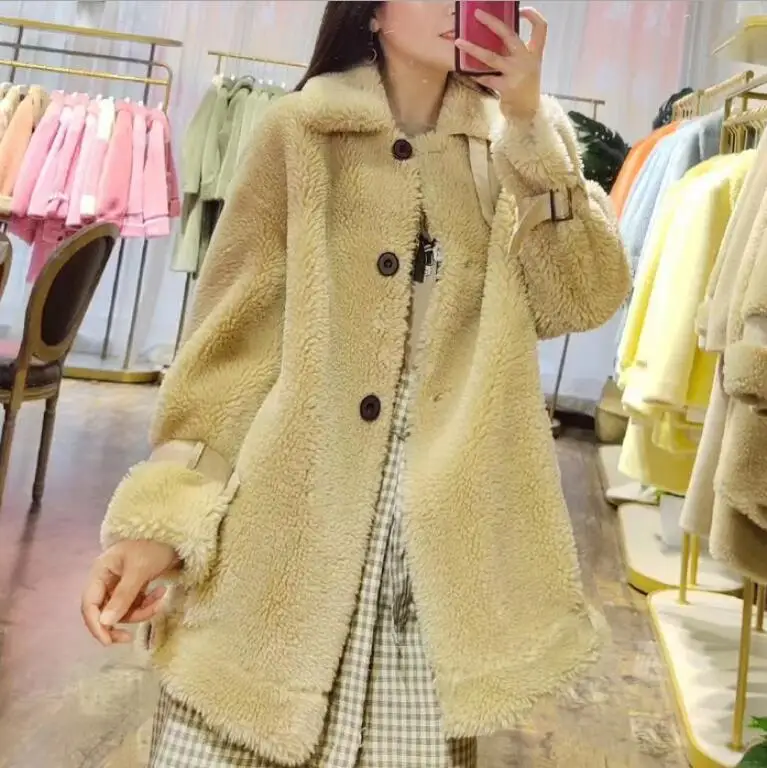 Новое пальто из овечьей шерсти, Женская бархатная куртка средней длины из искусственного меха, модное пальто из искусственного меха