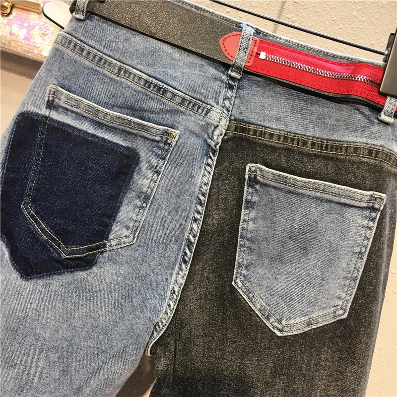 European Jeans New Women Spring and Autumn Letters Daddy Harem Pants Mid-waist Hit Color Denim Trousers
