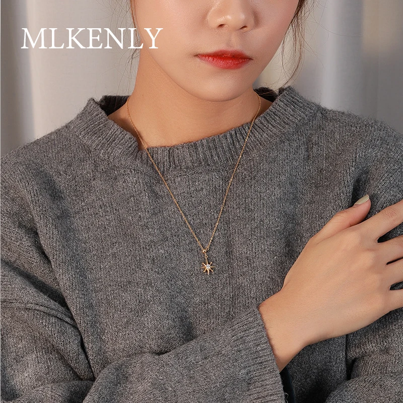 MLKENLY, новинка, 925 пробы, серебро, темперамент, циркон, кристалл, восьмиугольная звезда, регулируемая цепочка на свитер, женское короткое ожерелье