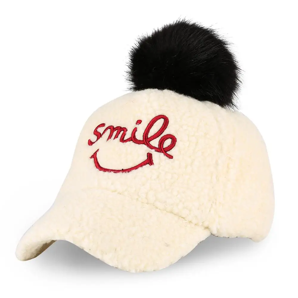 

Kid Fur Pompom Warm Winter Fitted Baseball Cap Children Smile Embroidery Snapback Visor K Pop Cotton Solid Adjustable Unisex Cap