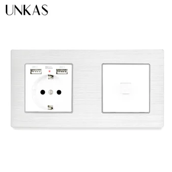 

UNKAS EU Standard Socket With Dual USB Outlet + 1 Gang RJ11 Tel Jack Telephone Socket Outlet White Aluminum Metal Panel 172*86mm