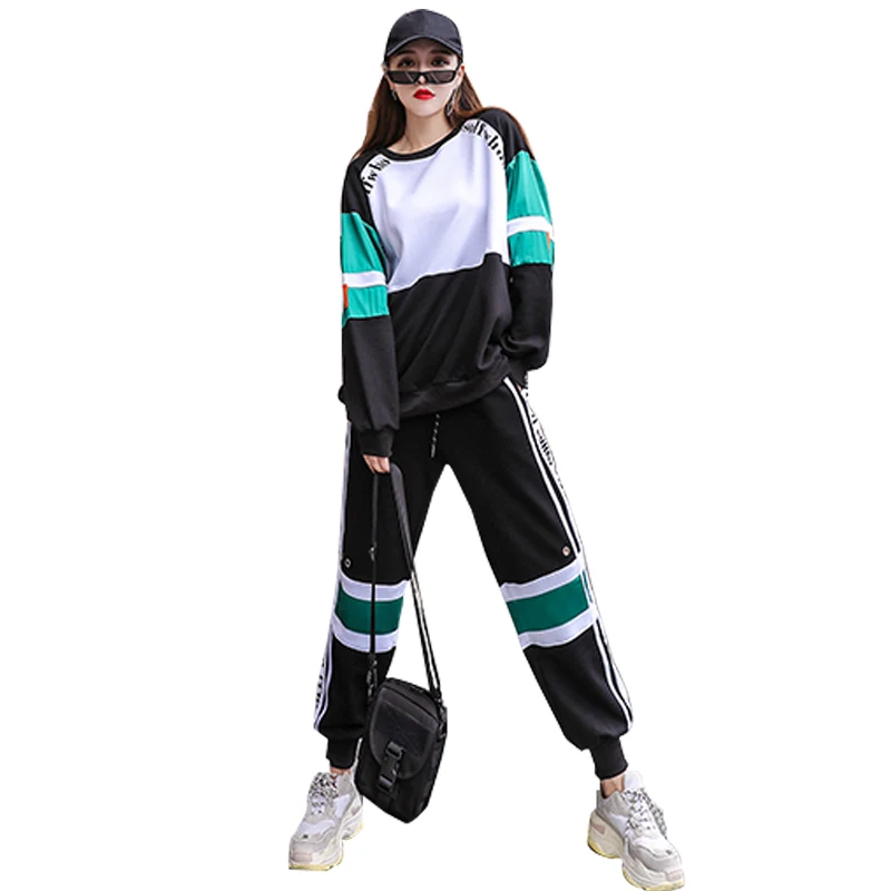 Осенне-зимний спортивный костюм, повседневный Женский комплект из двух предметов, топы и штаны, толстовка в стиле хип-хоп, женская одежда, корейский костюм с длинным рукавом