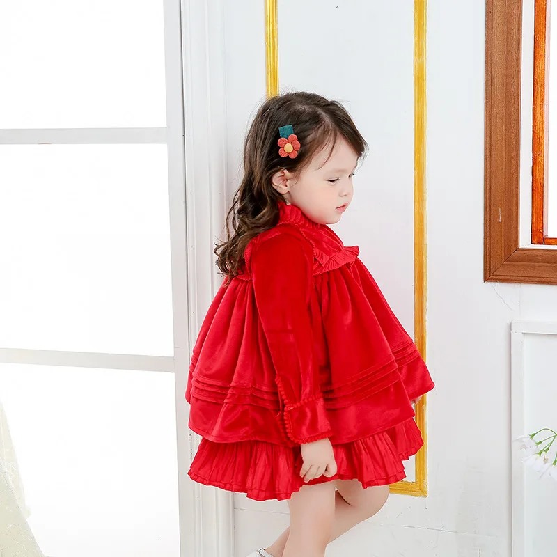 Осенне зимнее красное бархатное платье принцессы с длинным рукавом| |