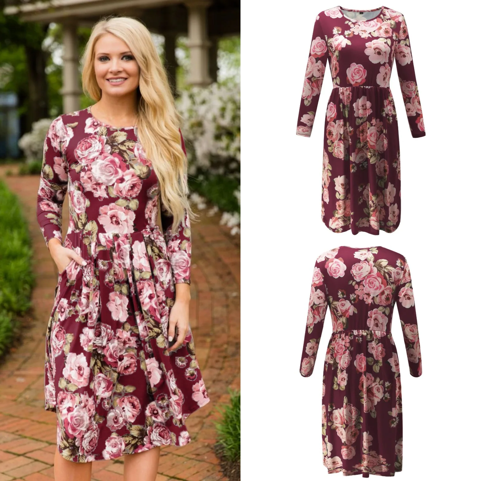 

Hot Selling Independent Station Hot Selling Slim Fit Mid-length Printed Long-Sleeve Autumn And Winter Women's Dress 2647