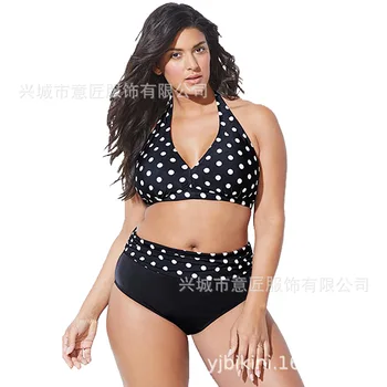 

2019 Fat Po Plus Fat Increase Code Pure Black Wave Point Bikini Swimwear Classic Gao Waist Big Size High Cut