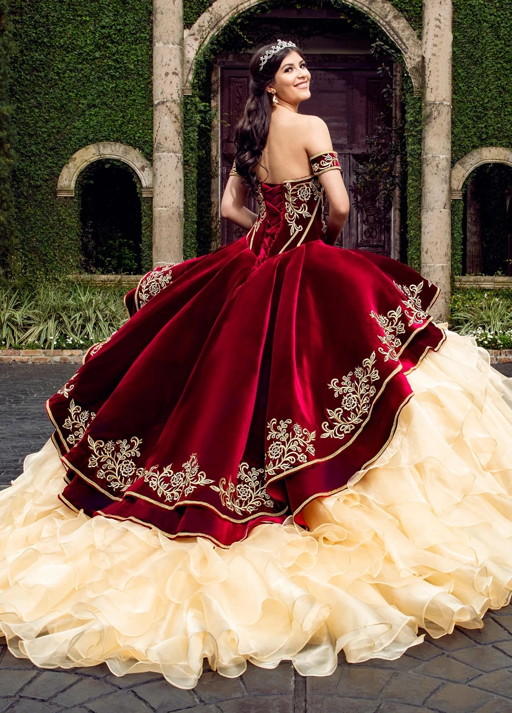 Fotos reales, rojo vino, Charra quinceañera, vestido de baile bordado, botones dorados, dulce 16 Vestidos 15 años|Vestidos de quinceañera| -