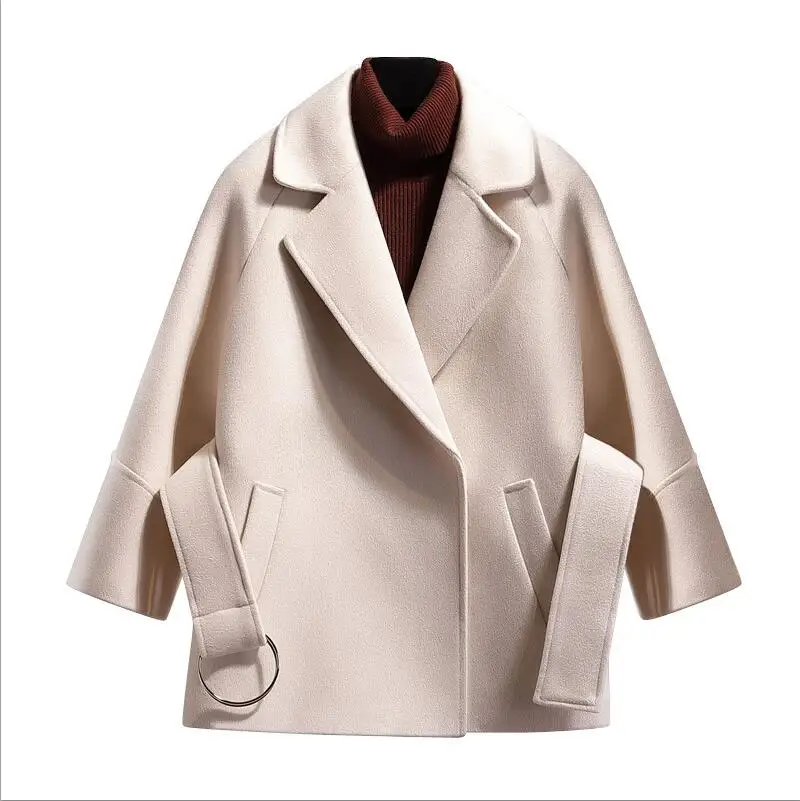 Женская короткая шерстяная куртка с поясом - Цвет: apricot