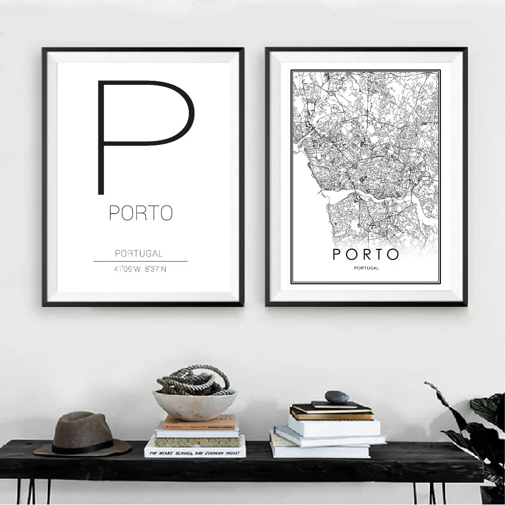 H5fd6620326444439ad194915ae1a7e97j Mapa Porto Preto e Branco | Quadro Decorativo Moderno, Coordenadas, Portugal