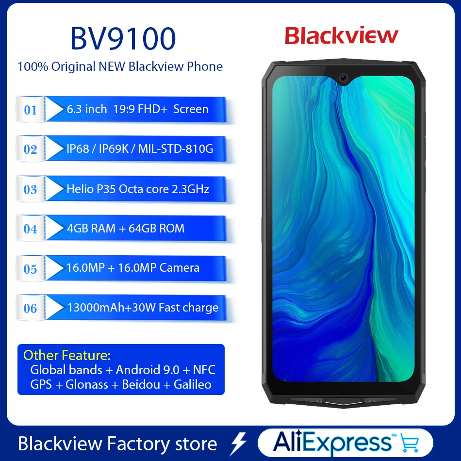 Blackview BV9100 13000 мАч прочный 30 Вт Быстрая зарядка 6 3 &quotFHD 4 Гб + 64 16.0MP мобильный телефон