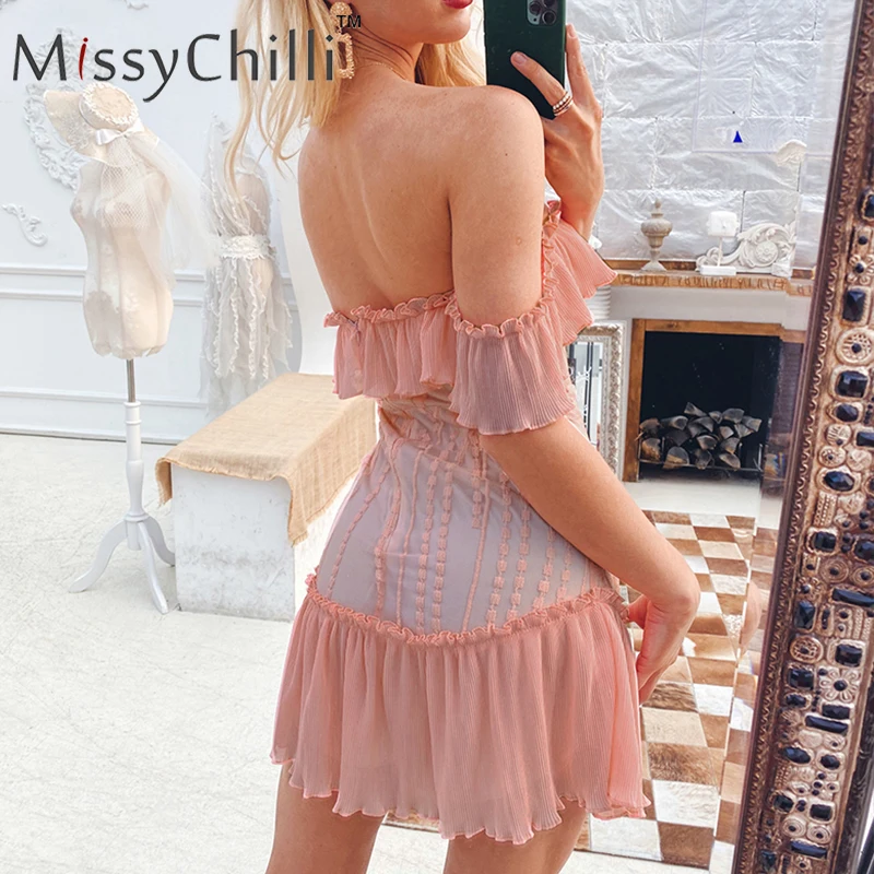 MissyChilli, сексуальное розовое кружевное платье с открытыми плечами, с рюшами, с открытой спиной, короткое вечернее платье, Клубное, элегантное, женское, с открытой спиной, мини-платье, Vestidos