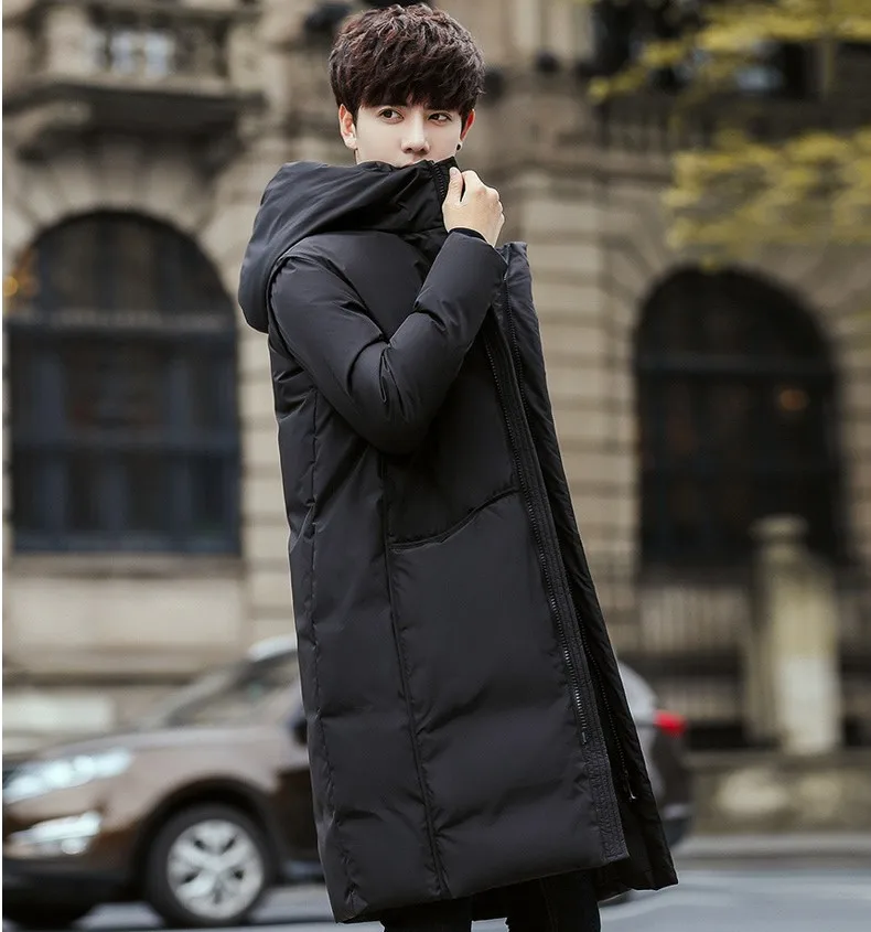 Black Gray Long Winter Down Jacket Men Thick Warm Hooded Loose Solid Outerwear Fashion Windproof Overcoat Mens Clothes YT50206