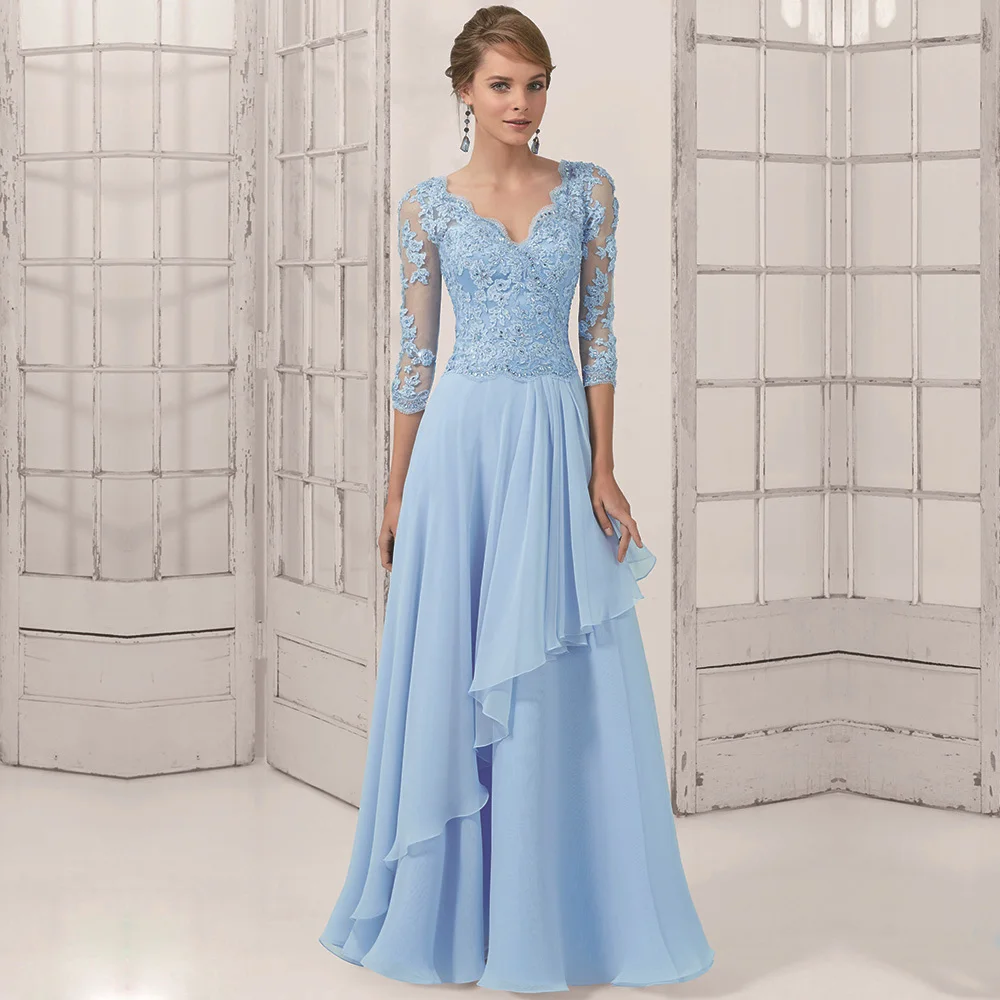 

Formal Beading Sequin Lace Appliques Tulle Chiffon V Neck A-Line Long Evening sky blue black mother of the bride dresses