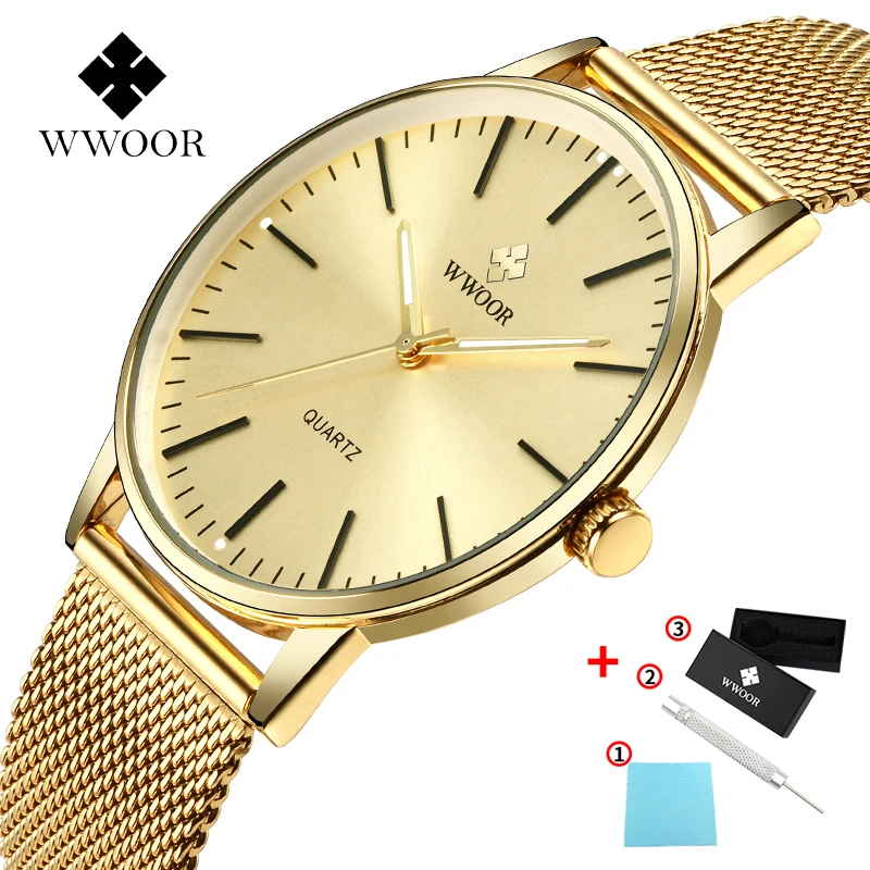 WWOOR Men Watch 2023 Luxury Gold Sports Watch Men Slim Thin Quartz Wristwatches Golden Steel Mesh Waterproof Clocks Montre Homme