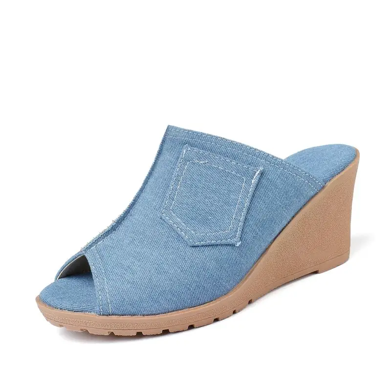 

Taoffen Women Wedges Sandals Open Toe Denim Slippers Platform Summer Shoes Women Print Jeans Casual Beach Footwear Size 34-43