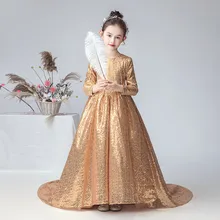 Kids Junior Girls Formal Princess Dress Pageant Gowns With Sleeves Long Flower Girl Dresses For Wedding Gold Shining Sequins