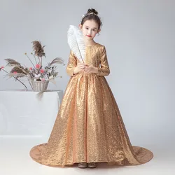 Kids Junior Girls Formal Princess Dress Pageant Gowns With Sleeves Long Flower Girl Dresses For Wedding Gold Shining Sequins