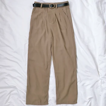 

Elegant Belt High Waist Women Suit Pants Korean Solid Pleated Long Trousers 2020 New Wide Leg Pants Feminimos Solid Sashes
