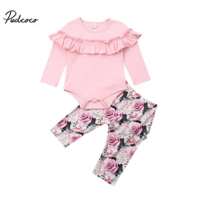 Pudcoco/Коллекция года, одежда для маленьких девочек Женский наряд для новорожденных, комплект одежды для младенцев, однотонный Розовый боди с оборками+ штаны с цветочным рисунком