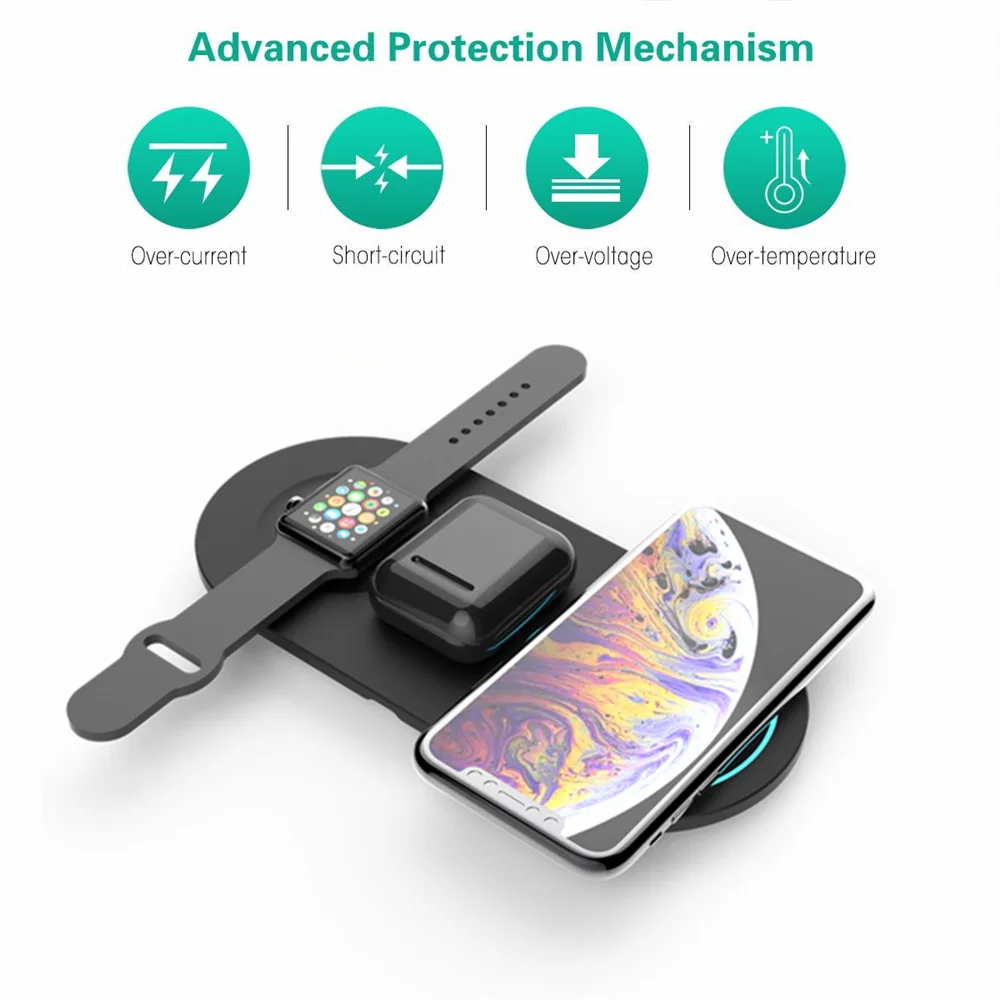 10 Вт 3 в 1 Qi Беспроводное зарядное устройство для Airpods Apple Watch 4 3 2 1 iWatch быстрая Беспроводная зарядка для iPhone 8 11 Pro Xs Max X