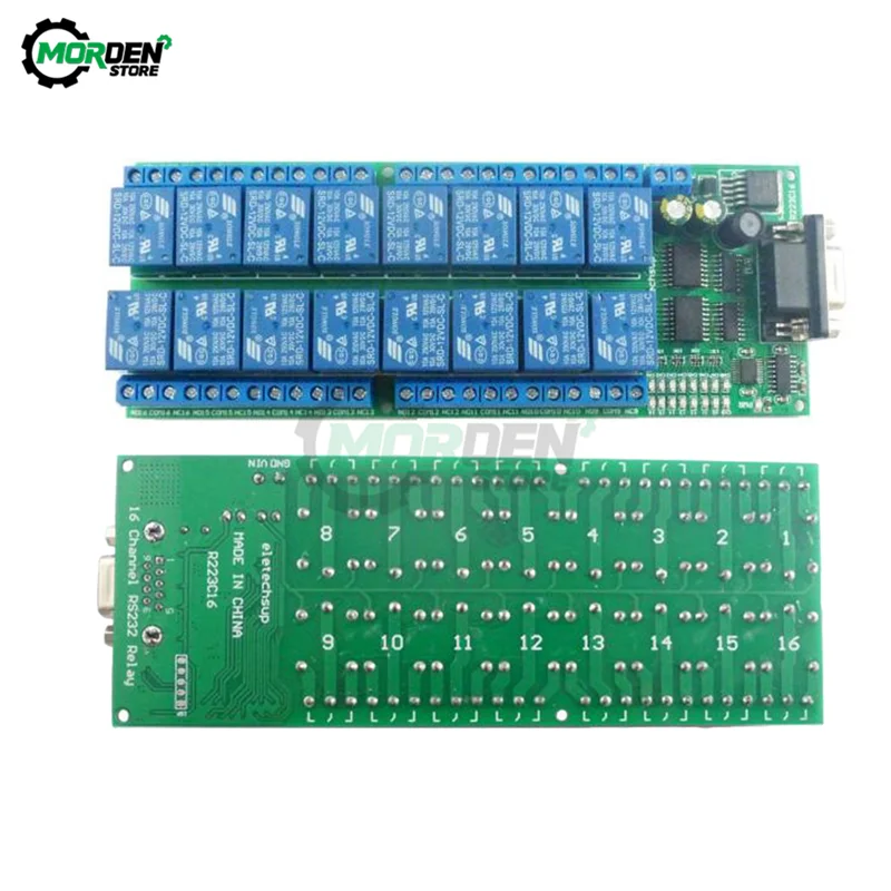 Placa de Relé Rs232 Db9 Atraso Módulo Interruptor do Relé Interface Fêmea Porta Serial R23c16 dc 12v 16-channel