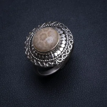 

Natural Fossil Coral Handmade Vintage 925 Sterling Silver Ring, US size 7.25 T6785