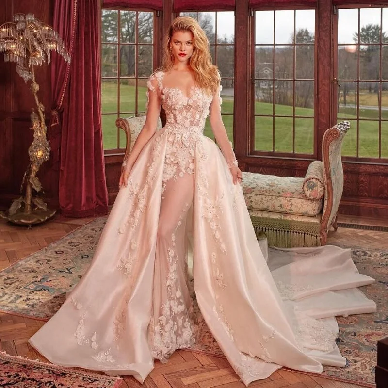 lace White A Line Simple Sexy Pregnant Illusion Bride Wedding Dress Luxury Floor-Length Plus Size With Sleeves