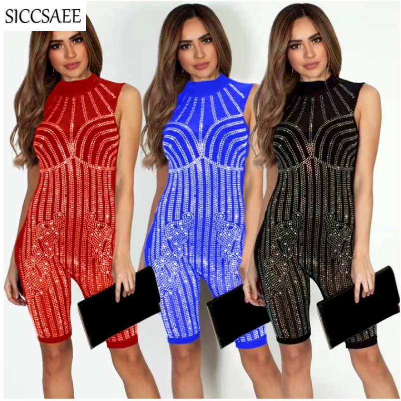 

Back Zip See Through Mesh Bandage Playsuits Knee Length Turtleneck Rhinestone Beaded Sparkly Bodycon Bodysuit Glitter Leotard