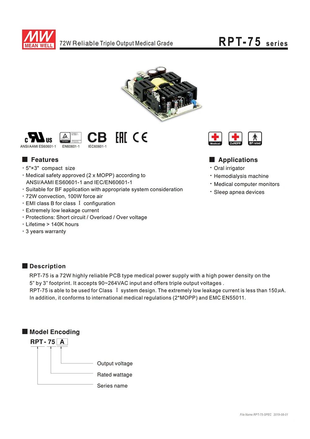 RPT-75B Meanwell 72 Вт тройной выход монтажная плата PCB импульсный источник питания 110 В/220 В переменного тока до 5 в 12 В-12 В DC 6A 3A 0.5A медицинский SMPS