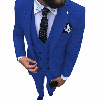 

Royal blue Men's Poika dot Suit 3-Pieces latest coat pant designs Notch Lapel Tuxedos Groomsmen For Wedding/party(Blazer+vest+Pa