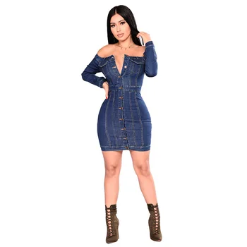 

denim sheath woman dresses spring autumn long sleeve slash neck solid blue button mini female dresses