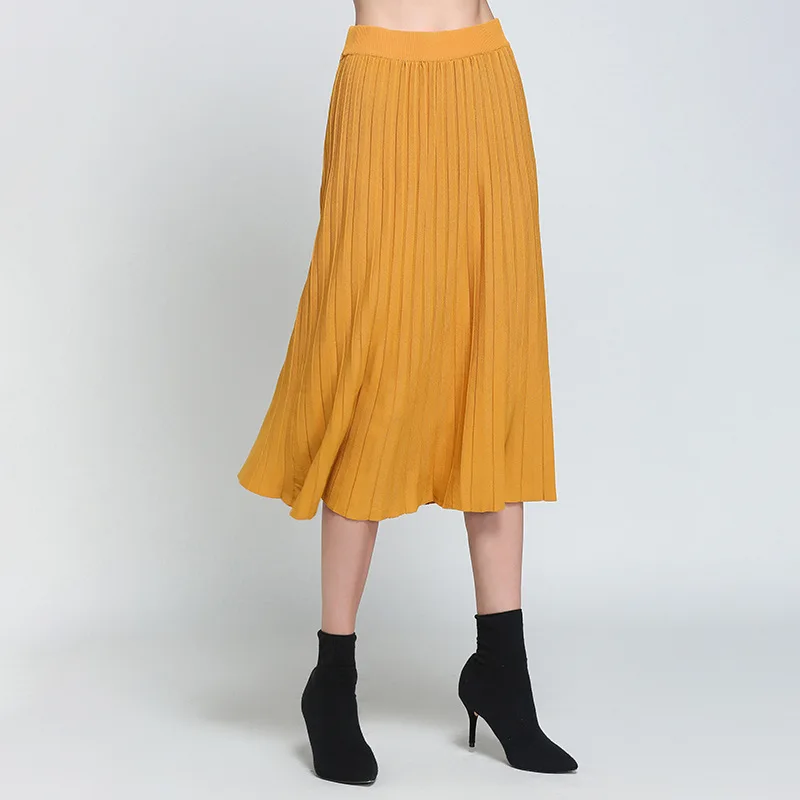 Оранжевая юбка в складку для женщин весна лето эластичные вязаные юбки женские тонкие гофрированные длинные юбки модная юбка миди с высокой талией