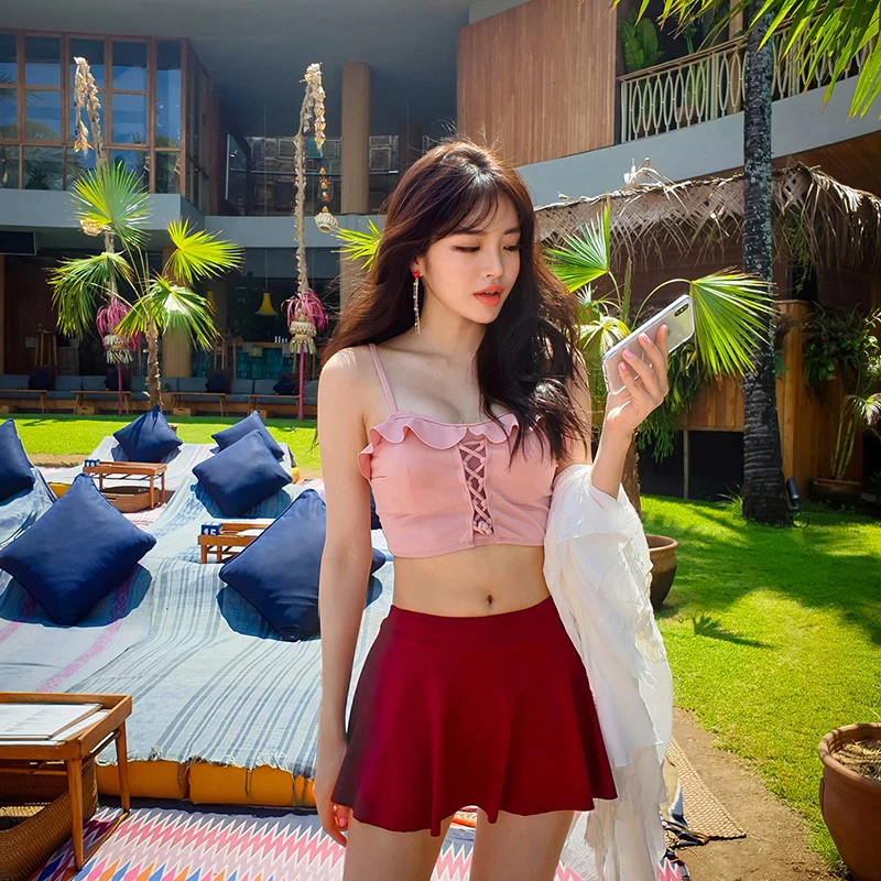 

2019 New Korean Women Two Piece Swimsuits Solid Ruffle Neckline Adjustable Strap High Waist Backless Swimwear Beach Bathing Suit