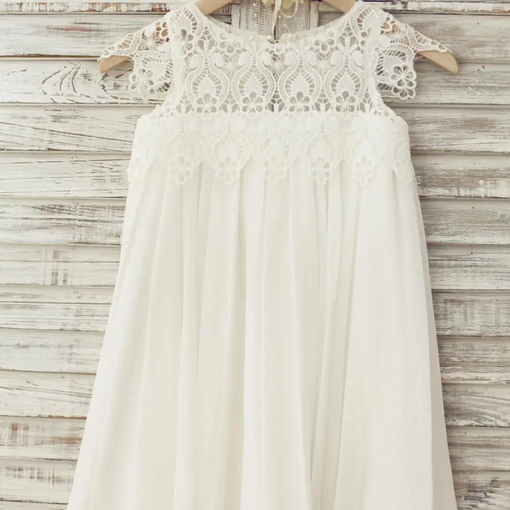 

White A-Line Communion Dress 2020 Simple Tulle Lace Dress Pearl Covered Button Dress for Wedding Party