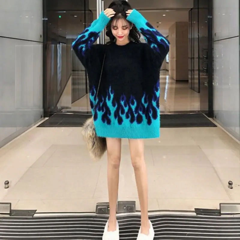 Streetwear flame pattern loose Knitted pullover sweater women long sleeve O-Neck Print sweater Autumn winter fashion New Arrival Streetwear flame pattern loose Knitted pullover sweater women long sleeve O-Neck Print sweater Autumn winter fashion New Arrival