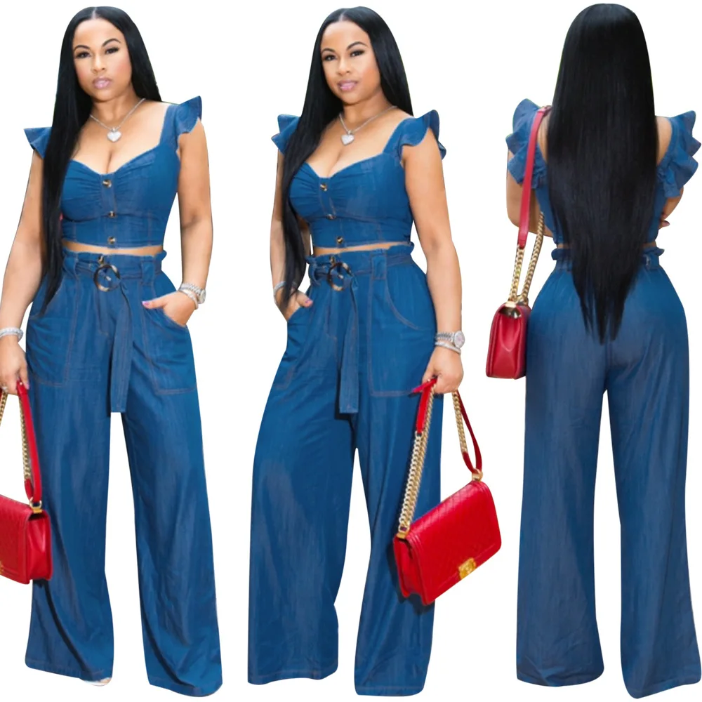 

2020 Summer Women Suit Hot Style Solid Color Backless Ruffle Sleeve Tops Long Pants European And American Denim 2 Piece Set