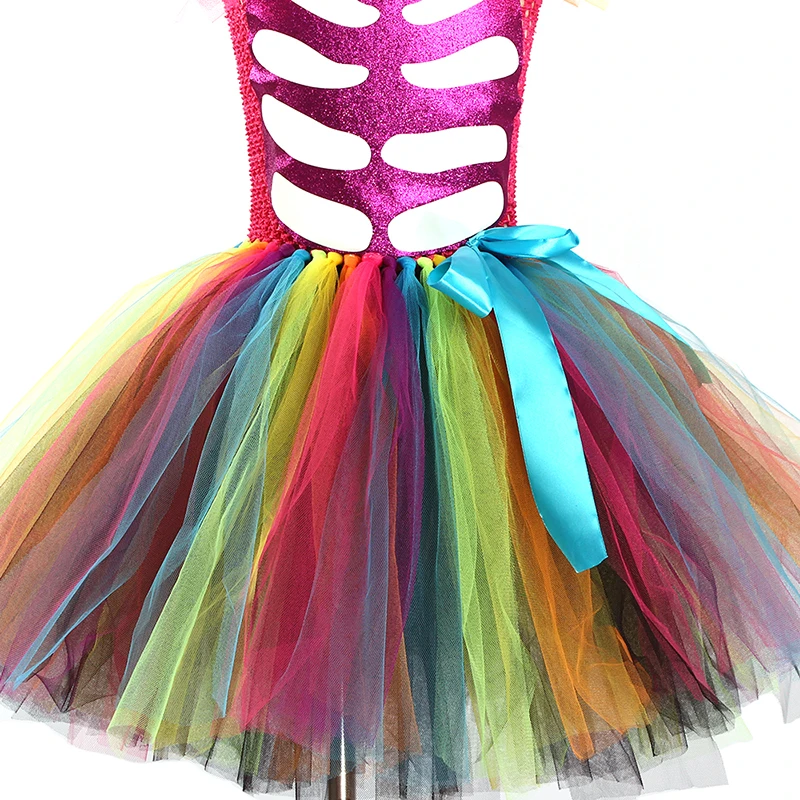 Day of the Dead Girl Skeleton Fancy Tutu Dress Halloween Dress Up Party Kids Baby Costume Funky Punk Bones Tutu Dress for Girls (12)