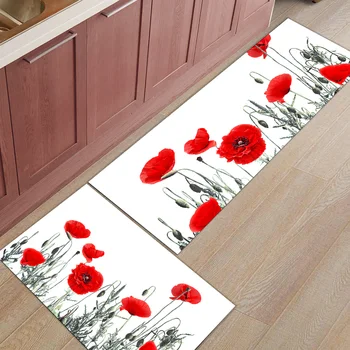

2Pcs/Set Poppy With Red Flowers Long Kitchen Mat Bath Carpet Floor Mat Home Entrance Doormat Bedroom Living Room Floor Mats Rug