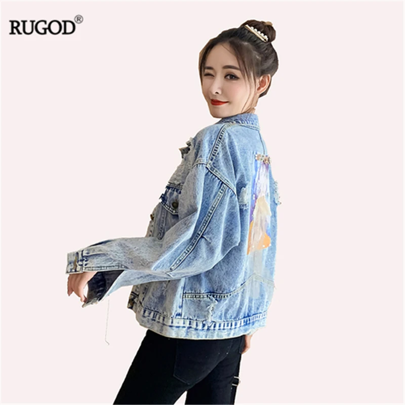 

RUGOD 2019 New Autumn Women Denim Jacket Back Girl Print Embroidery Appliques Loose Short Coat Temperament Korean Fashion Jacket