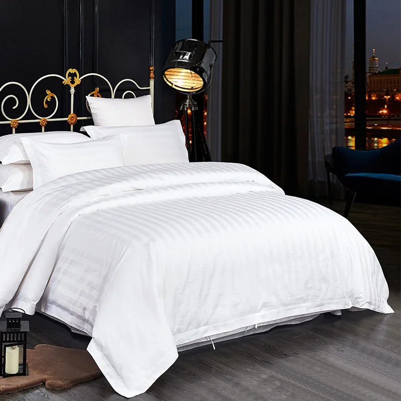 Комплект постельного белья из хлопка, сатиновая полоска, роскошное белое постельное белье для отеля, односпальное, двойное, королевское, королевское, пододеяльник, простыня и наволочка