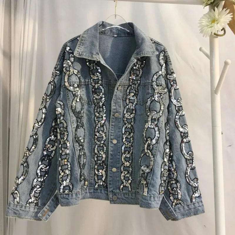 

2019 New Spring Autumn Loose Long Sleeve Denim Jacket Coat for Women Gold Fake Chain Sequins All-match Female Denim Jackets