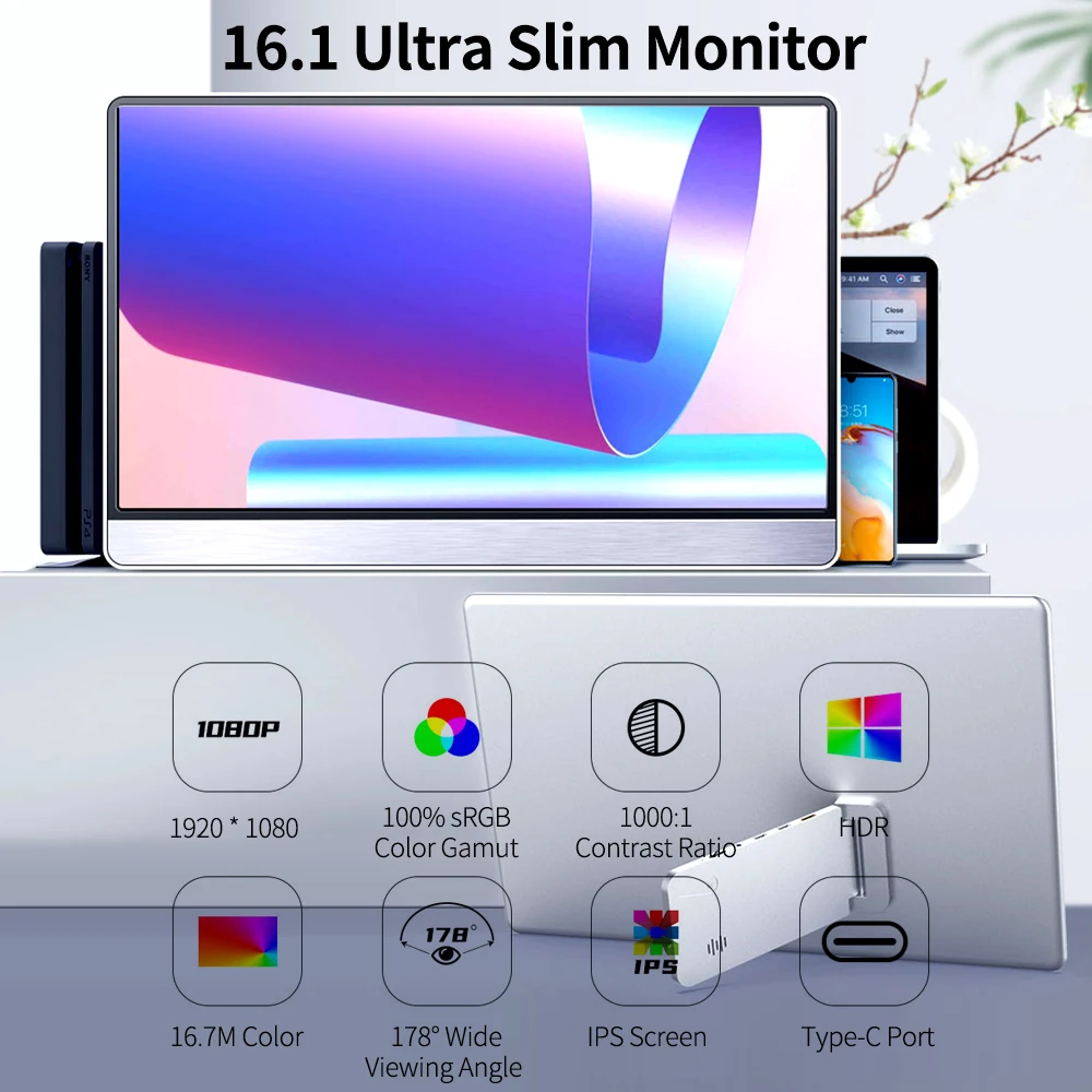 PC ޴ º  ֿܼ C Ÿ ̴ HD Ʈ Ʈ  , 1080P IPS, USB-C , HDR,  ĵ, 16.1 ġ