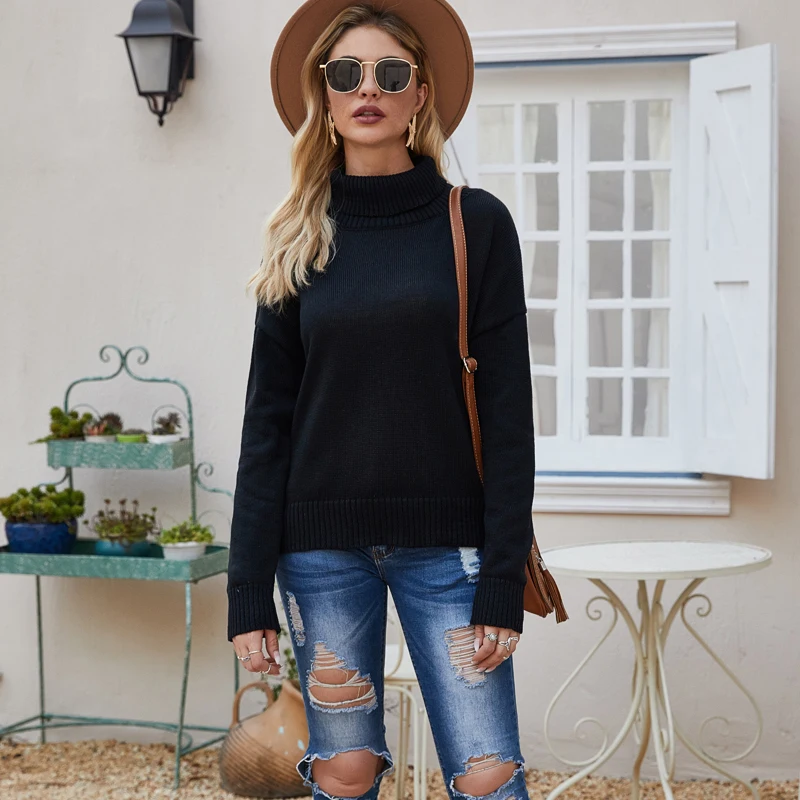 

Boutique fashion autumn and winter models women European and American women's sexy backless sweater solid color turtleneck wool